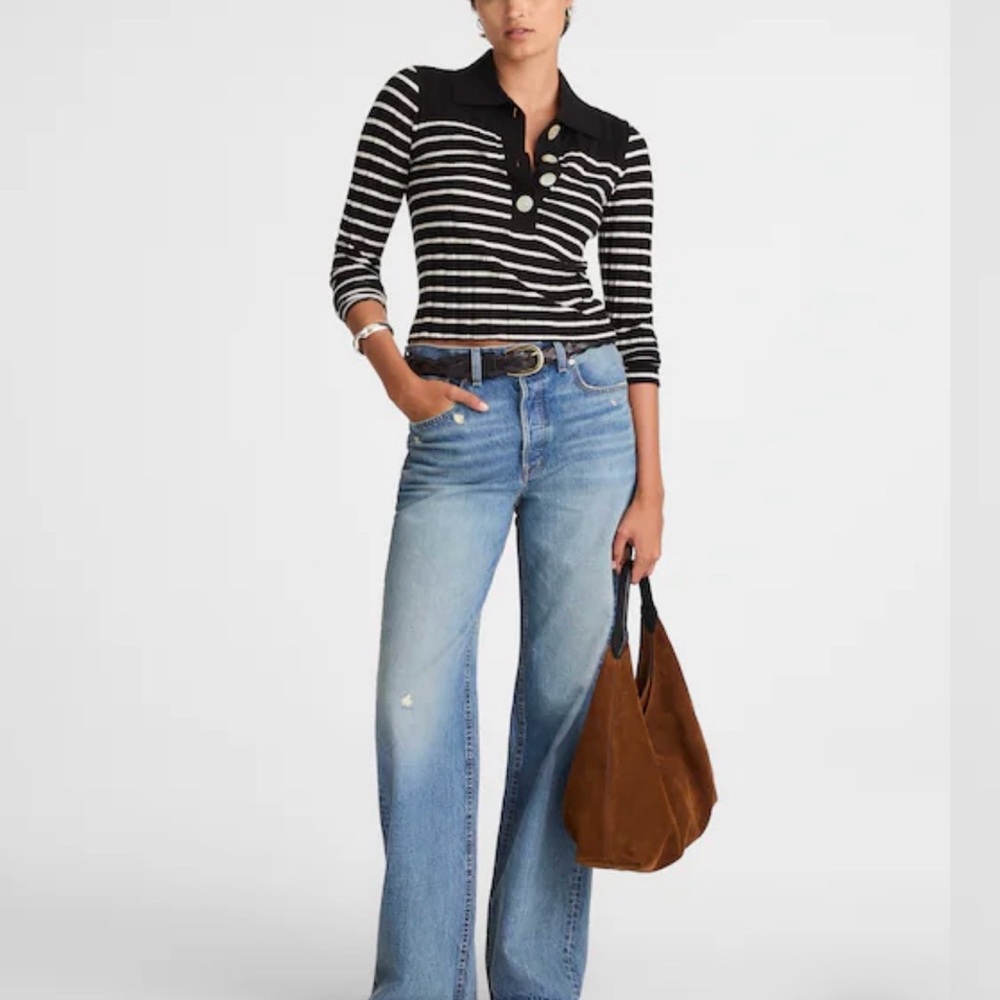 New - Madewell Ribbed Polo Sweater Black and White Striped Top